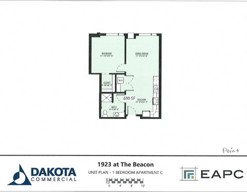 Floor plan for 1 bed, 1 bath, 690 sqft